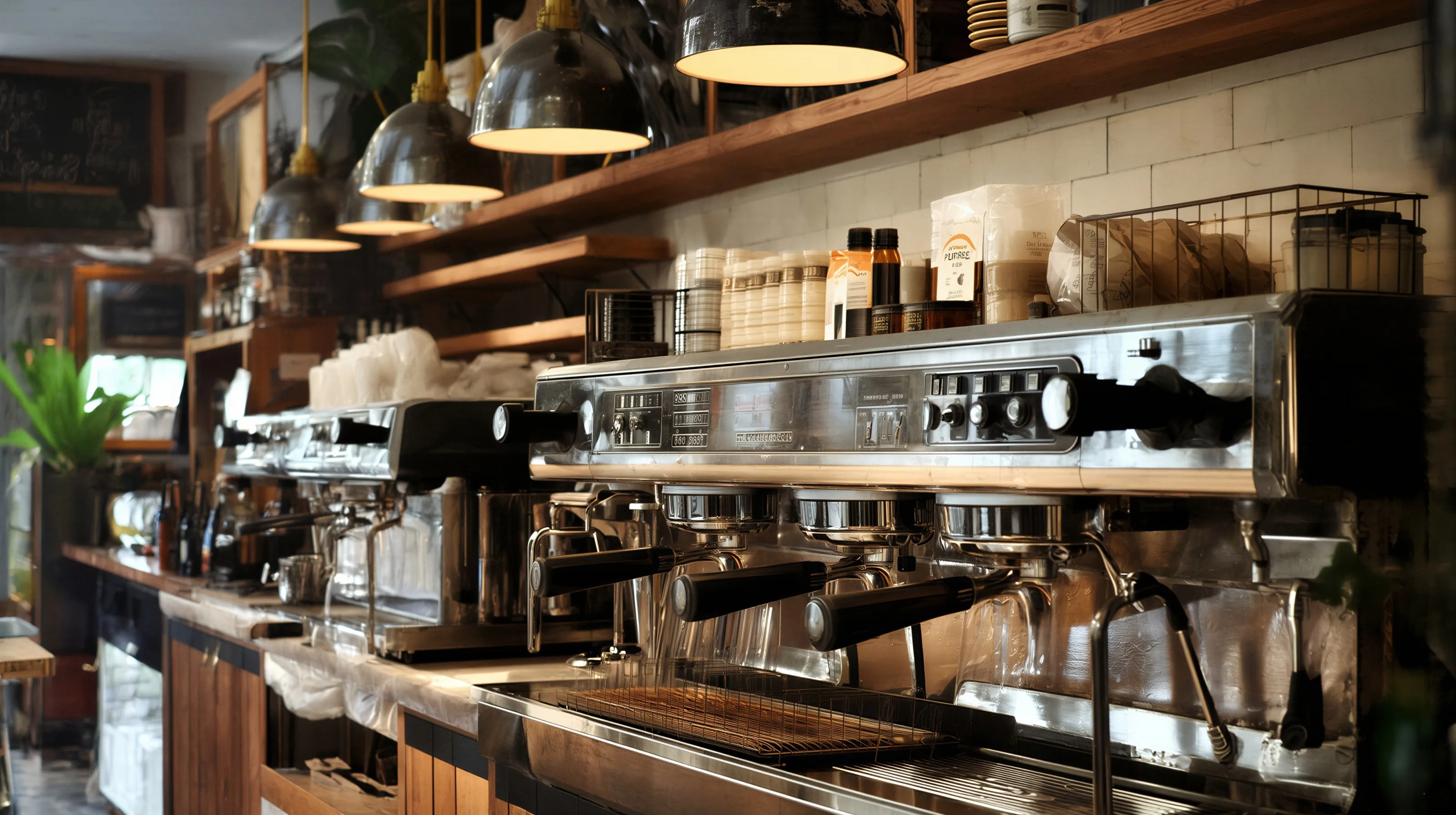 The coffee counter, a chrome three group espresso machine under warm pendant light and white tiles