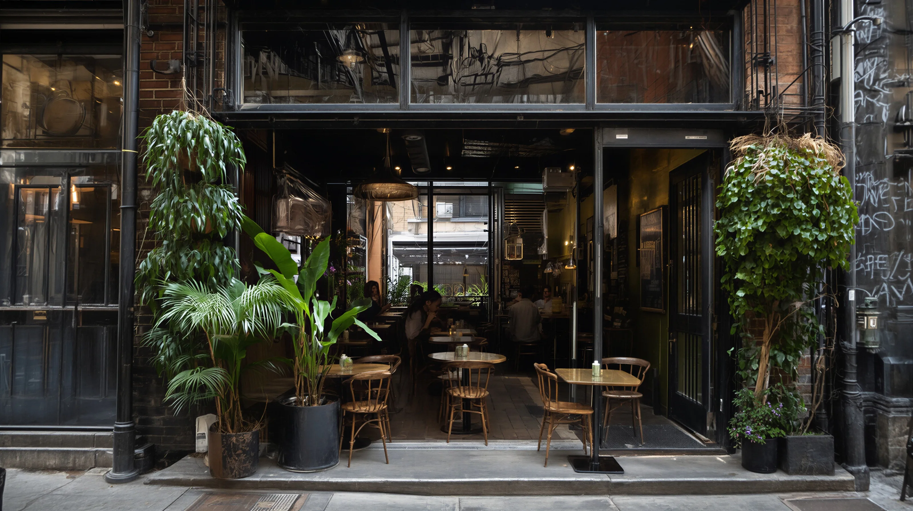 A discreet steel and glass cafe front down a laneway, hanging greenery and marble tables at the entrance