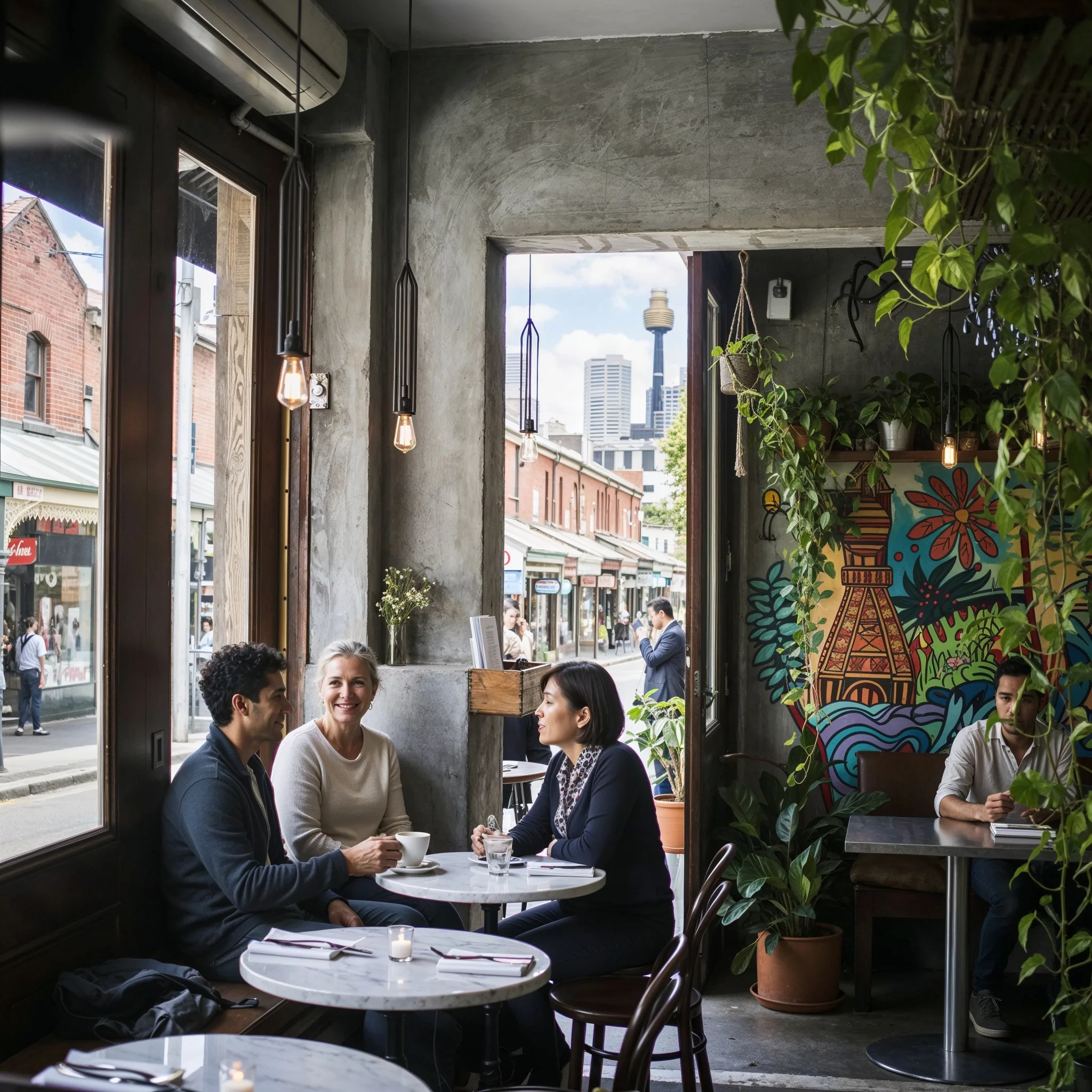 Marble cafe tables and bentwood chairs in a plant filled concrete room, a laneway mural on the wall and the city skyline through the open door