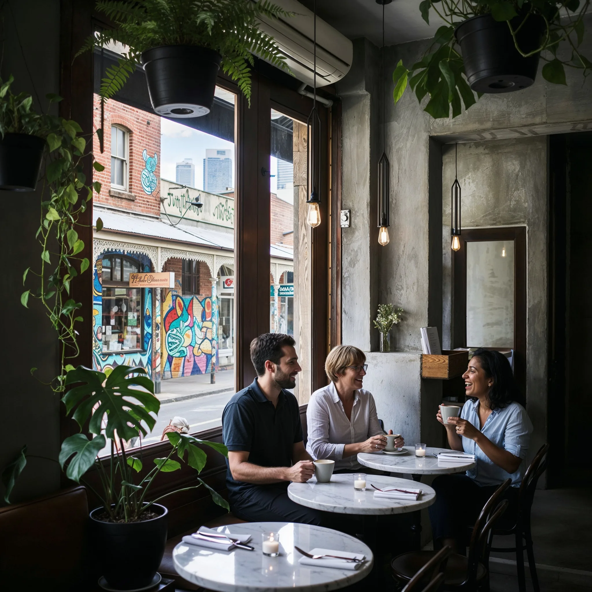 Three people talking over coffee at a marble table by the window, hanging ferns inside and a graffiti laneway outside
